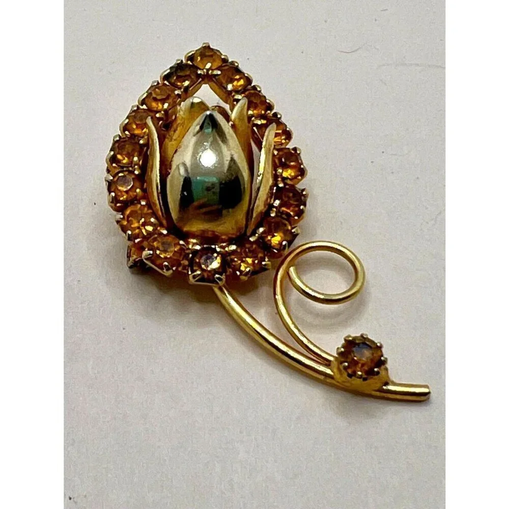 Rare Tulip Peach Rhinestone Brooch Vintage Three Dimensional Art Nouveau